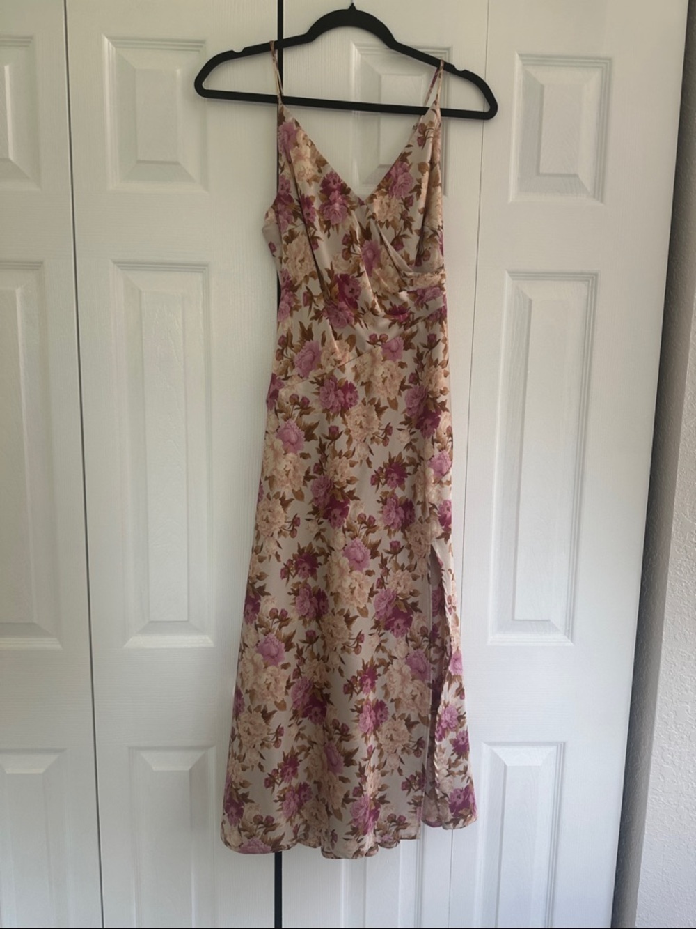 Floral Slip Midi Dress in Cream with Pink Floral Print